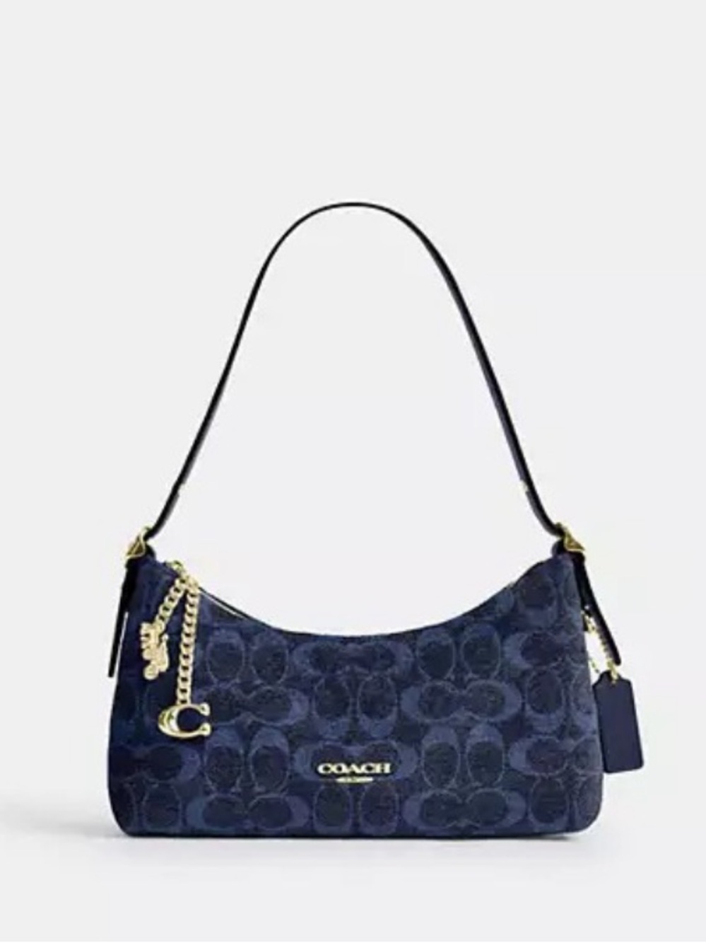 New Coach Emeilia Shoulder Bag In Signature Chenille CFN74 Gold/Navy🌸